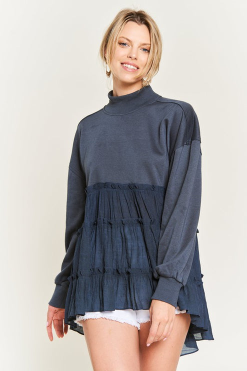 Oversized Mock Neck Tunic with Shirred Woven Tier