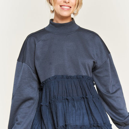 Oversized Mock Neck Tunic with Shirred Woven Tier