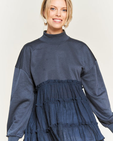Oversized Mock Neck Tunic with Shirred Woven Tier