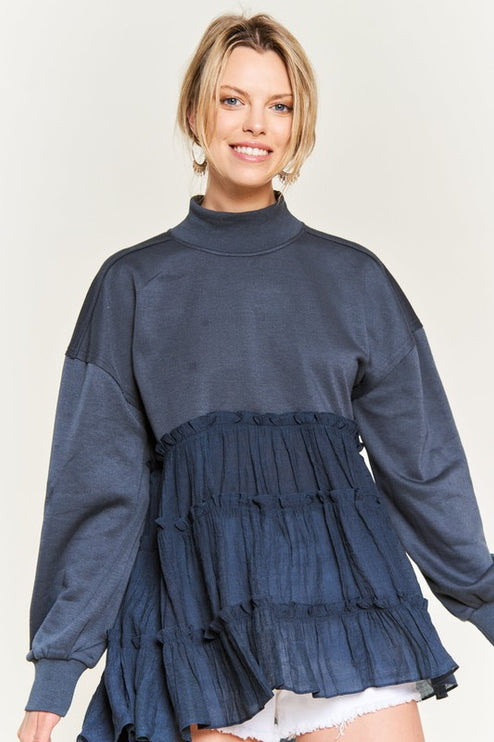 Oversized Mock Neck Tunic with Shirred Woven Tier