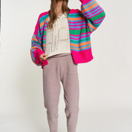 Cozy Stylish Stripe Design Open Knit Fashion Top Sweater Cardigan - Accessoriesforever