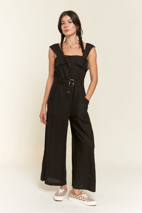 Linen Blend Jumpsuit with Belt and Multiple Pockets - Accessoriesforever