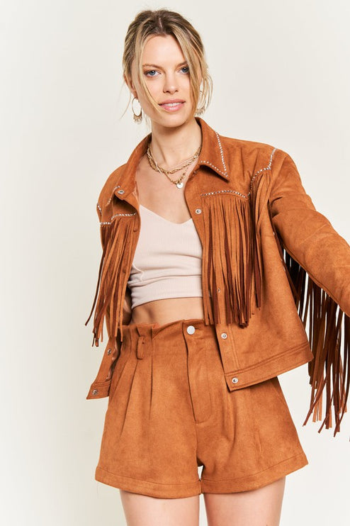 Boho Suede Fringe Jacket with Stud Details and Button Front