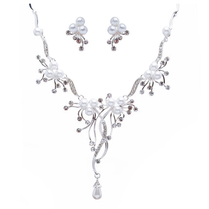 Bridal Wedding Jewelry Set Crystal Rhinestone Pearl Floral Vine Design Necklace - Accessoriesforever