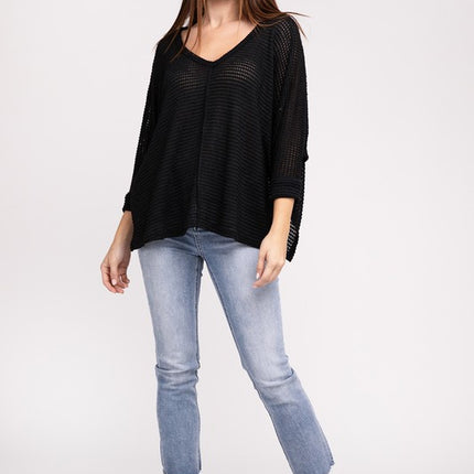 Chic Elegant Trendy 3/4 Sleeve V-Neck Hi-Low Hem Jacquard Sweater - Accessoriesforever