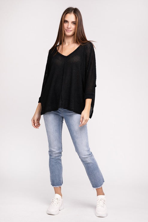 Chic Elegant Trendy 3/4 Sleeve V-Neck Hi-Low Hem Jacquard Sweater