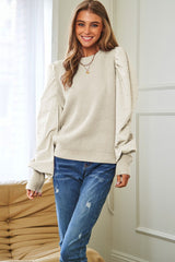 Beautiful Elegant Pearl Decorated Ballon Sleeve Top Sweater