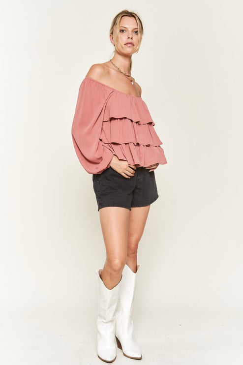 Romantic Off-Shoulder Tiered Flounce Blouse in Crinkled Chiffon - Accessoriesforever
