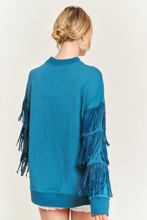 Western-Inspired Oversized Pullover with Suede Fringe and Stud Trim