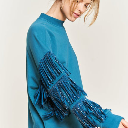 Western-Inspired Oversized Pullover with Suede Fringe and Stud Trim