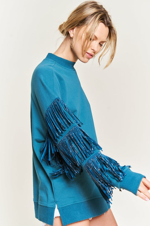 Western-Inspired Oversized Pullover with Suede Fringe and Stud Trim - Accessoriesforever