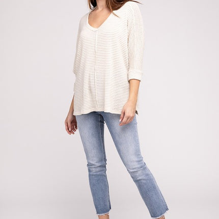 Chic Elegant Trendy 3/4 Sleeve V-Neck Hi-Low Hem Jacquard Sweater - Accessoriesforever