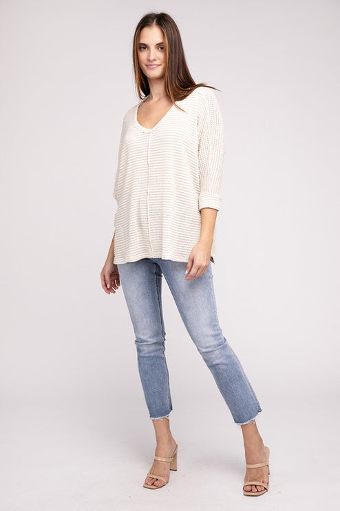 Chic Elegant Trendy 3/4 Sleeve V-Neck Hi-Low Hem Jacquard Sweater