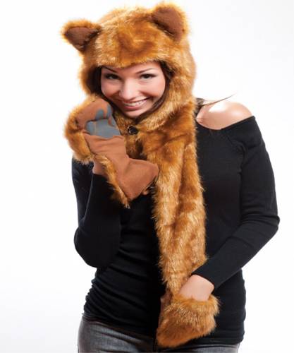 Faux Fur Plush 3D Full Animal Hood with Pocket Hat Scarf Mitten