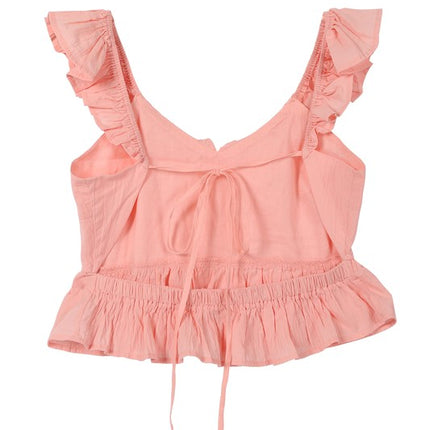 Cute Stylish Open Back Tie Ruffled Trim Flare Fashion Top Pink - Accessoriesforever