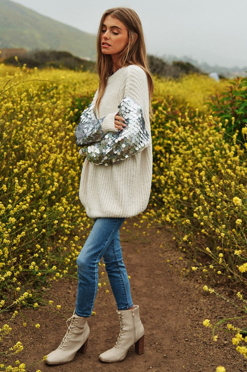 Beautiful Sequin Sleeve Design Tunic Top Knit Sweater