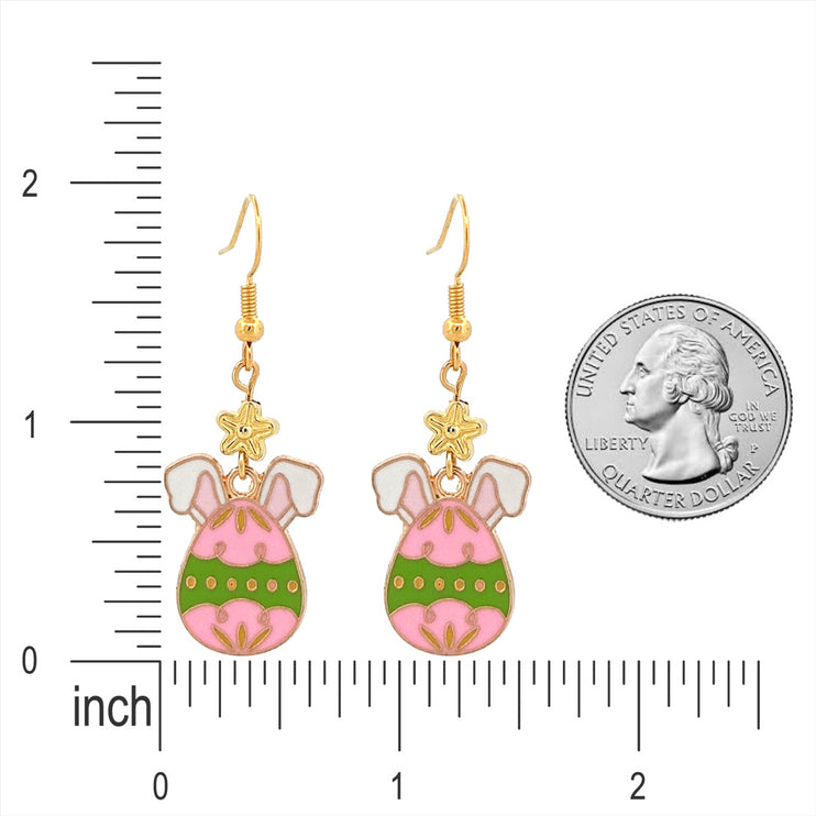 Easter Egg Bunny Enameled Charm Fashion Dangle Earrings Green Pink