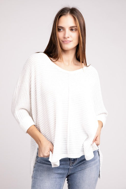 Chic Elegant Trendy 3/4 Sleeve V-Neck Hi-Low Hem Jacquard Sweater