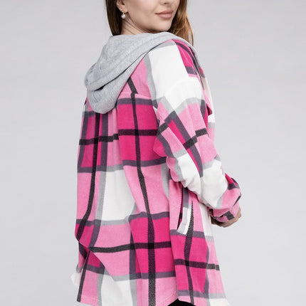 Comfy Casual Plaid Drawstring Hooded Fleece Shacket - Accessoriesforever
