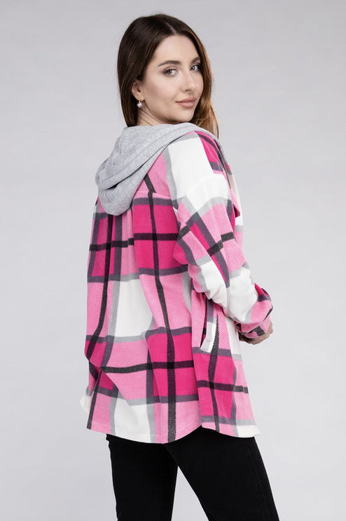 Comfy Casual Plaid Drawstring Hooded Fleece Shacket