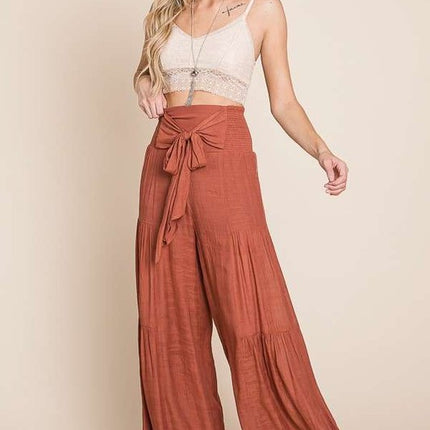 Chic Comfy Relaxed Tie-Front Ruched Waist Wide Leg Palazzo Pants