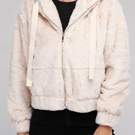 Plush Cropped Teddy Hoodie with Zip-Up Front and Drawstring Hood