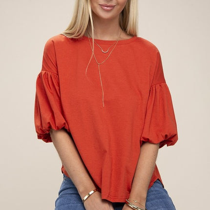 Simple Solid Cute Round Neckline Bubble Short Sleeve Fashion Top Shirt - Accessoriesforever