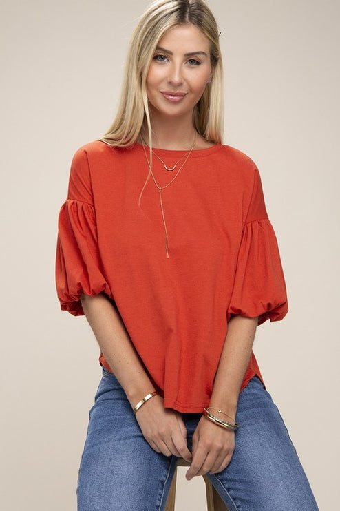 Simple Solid Cute Round Neckline Bubble Short Sleeve Fashion Top Shirt