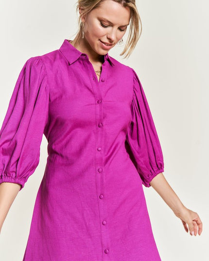 Chic Half Sleeve Balloon Sleeve Button-Down Belted Dress