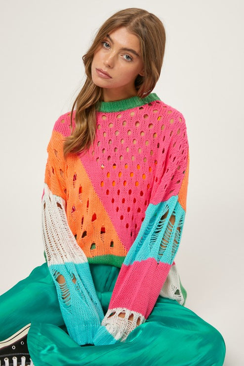 Colorful Open Knit Design Detailed Pullover Fashion Top Sweater