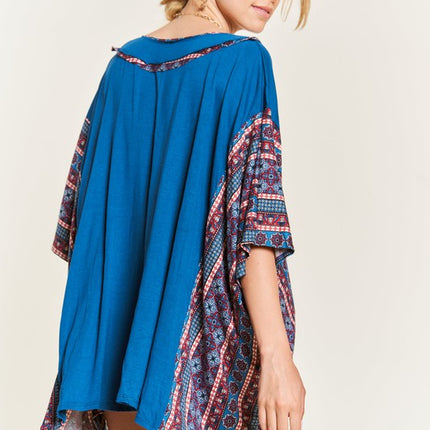 Boho Chic Blue V-Neck Tunic with Stitch Detail
