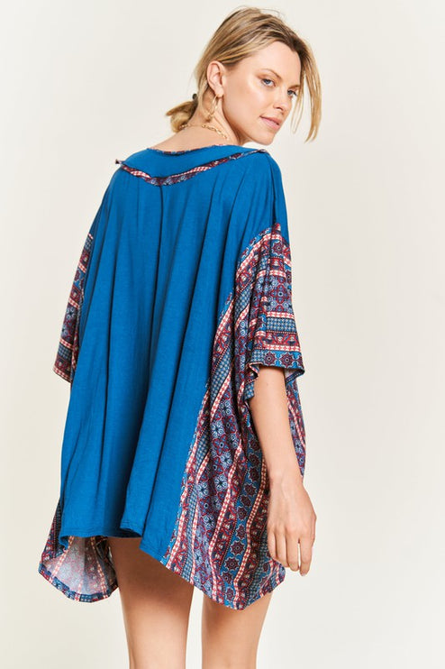 Boho Chic Blue V-Neck Tunic with Stitch Detail - Accessoriesforever