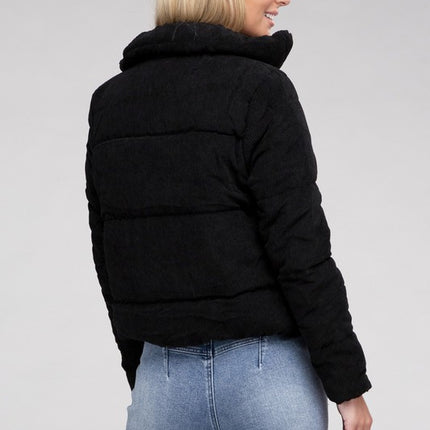 Soft Corduroy Zip-Up Jacket with High Collar and Pockets