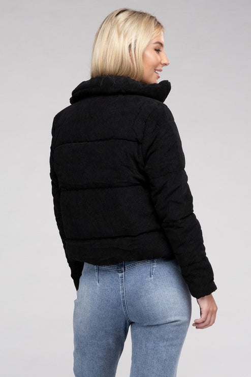Soft Corduroy Zip-Up Jacket with High Collar and Pockets