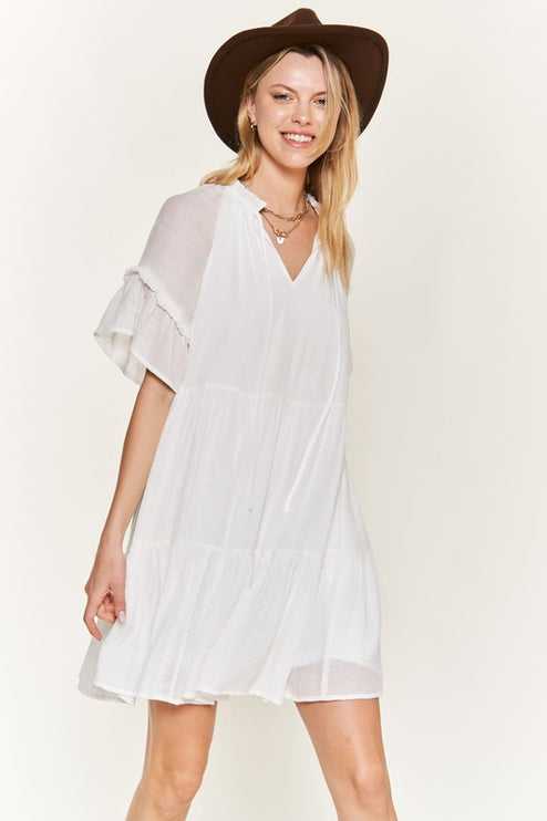 Breezy Short Sleeve Midi Dress with Ruffled Details and Tie-Strap V-Neck