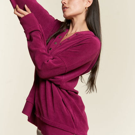 Ribbed Knit Hooded Sweatshirt with Button Detail