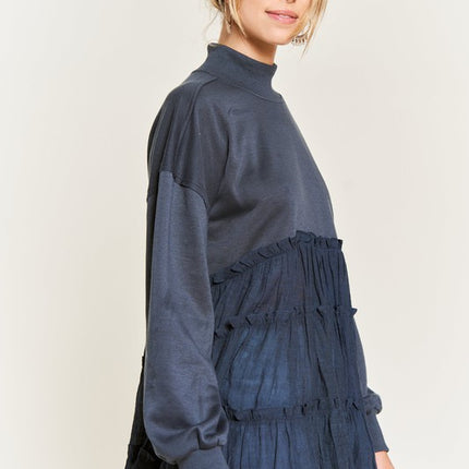 Oversized Mock Neck Tunic with Shirred Woven Tier