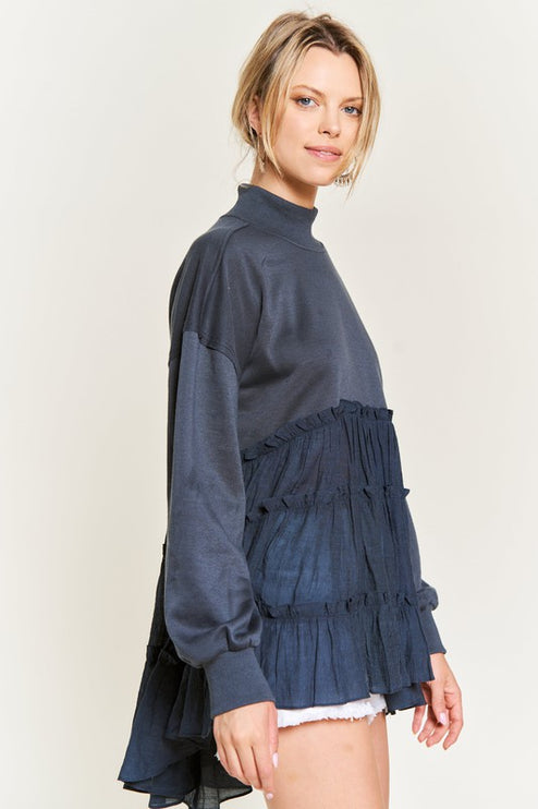 Oversized Mock Neck Tunic with Shirred Woven Tier