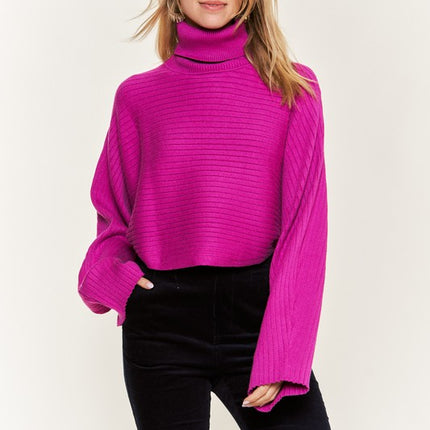 Ribbed Mock Neck Sweater with Wide Sleeves
