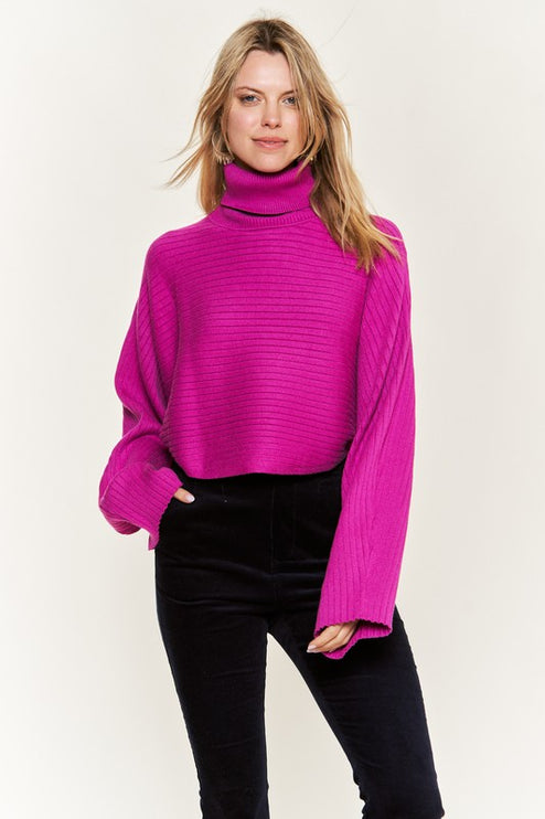 Ribbed Mock Neck Sweater with Wide Sleeves