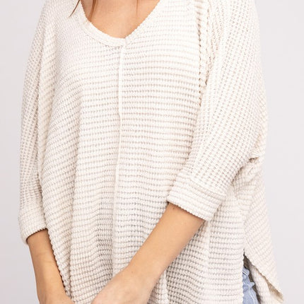 Chic Elegant Trendy 3/4 Sleeve V-Neck Hi-Low Hem Jacquard Sweater - Accessoriesforever