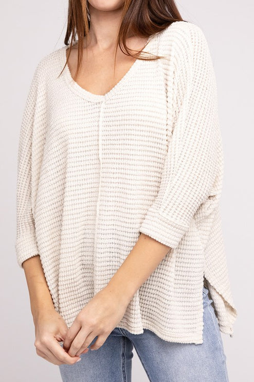 Chic Elegant Trendy 3/4 Sleeve V-Neck Hi-Low Hem Jacquard Sweater