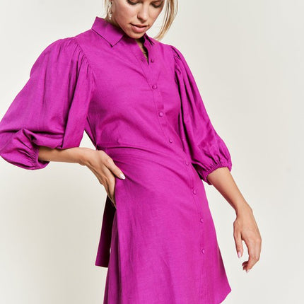 Chic Half Sleeve Balloon Sleeve Button-Down Belted Dress