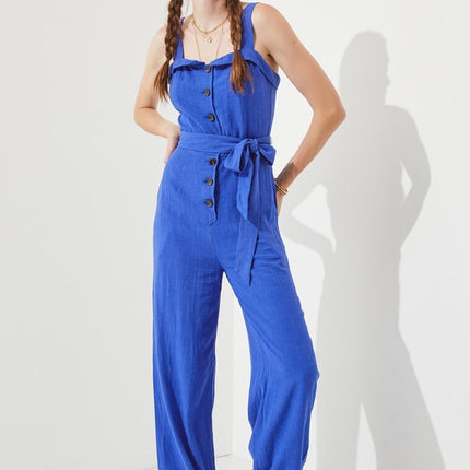 Linen Blend Belted Jumpsuit with Square Neck