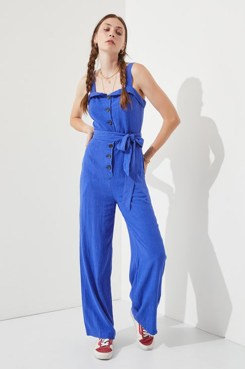 Linen Blend Belted Jumpsuit with Square Neck - Accessoriesforever