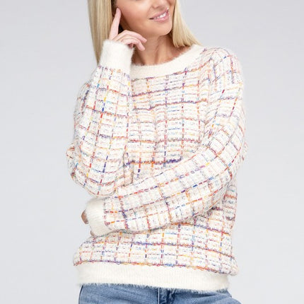 Cute Plaid Pattern Textured Fancy Fashion Knit Top Sweater - Accessoriesforever