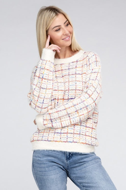 Cute Plaid Pattern Textured Fancy Fashion Knit Top Sweater