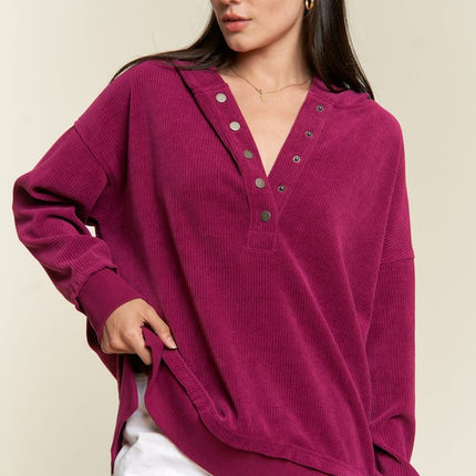 Ribbed Knit Hooded Sweatshirt with Button Detail