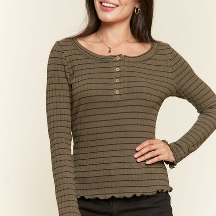 Casual Classic Button Detail Round Neck Striped Fashion Top