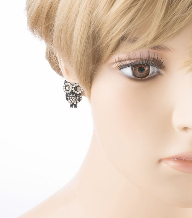 Fashion Adorable Owl Design Crystal Rhinestone Stud Post Earrings Black Clear - Accessoriesforever